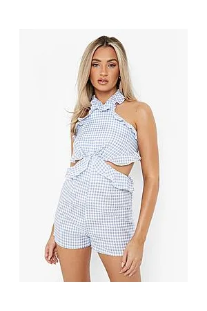 Boohoo Gingham Cut Out Ruffle Playsuit