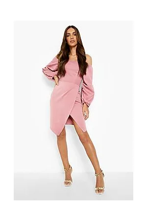 Boohoo Scuba Bardot Long Sleeve Wrap Mini Dress