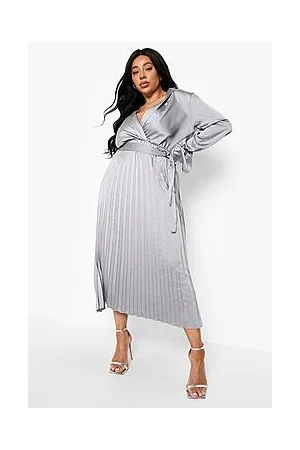 Boohoo Plus Pleated Flare Sleeve Satin Wrap Dress