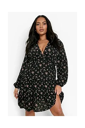 Boohoo Plus Ditsy Floral Ruffle Waist Smock Dress
