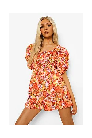 Boohoo Floral Print Puff Sleeve Ruched Playsuit