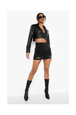 Boohoo Cross Over Waistband Distressed Denim Skirt