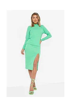 Boohoo Ribbed Shoulder Pad Top & Split Midi Skirt