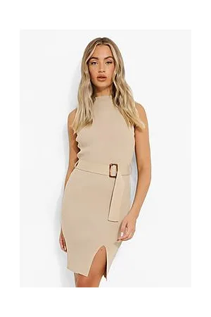 Boohoo Rib Knit Belted Crew Neck Sleeveless Dress