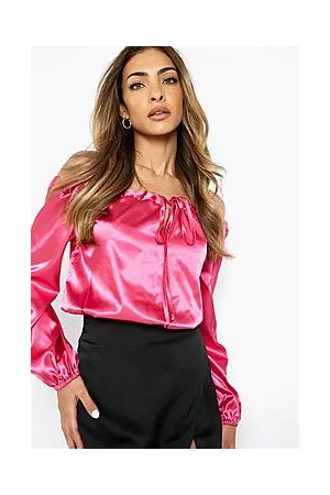 Boohoo Tie Front Bardot Satin Bodysuit