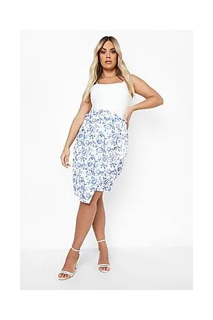 Boohoo Plus Porcelain Print Wrap Midi Skirt