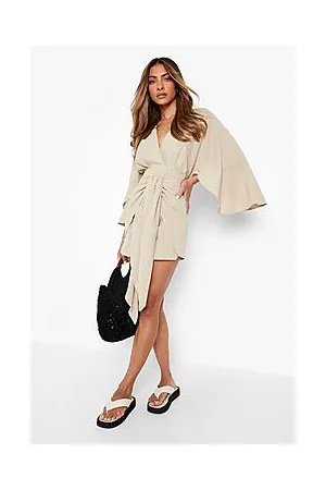 Boohoo Linen Tie Front Kimono Sleeve Shift Dress
