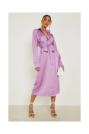 Boohoo Satin Tie Front Midi Shirt Dress