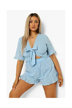 Boohoo Plus Broderie Tie Front Shorts Co-ord