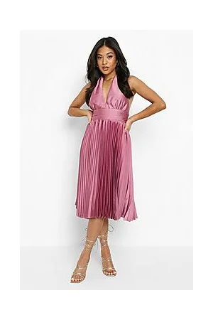Boohoo Petite Satin Pleated Tie Back Midi Dress