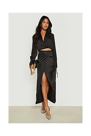 Boohoo Tie Waist Wrap Satin Midaxi Skirt