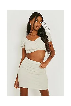 Boohoo Waffle Puff Sleeve Crop Top & Mini Skirt