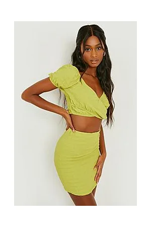 Boohoo Waffle Puff Sleeve Crop Top & Mini Skirt