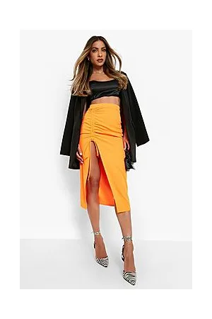 Boohoo Ruched Front Thigh Split Crepe Midi Skirt