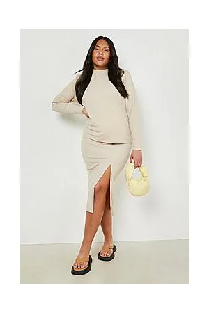 Boohoo Plus Ribbed Shoulder Pad Top & Midi Skirt Co-Ord