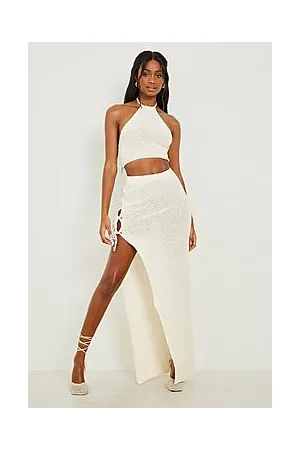 Boohoo Lace Up Maxi Skirt And Halterneck Knitted Set