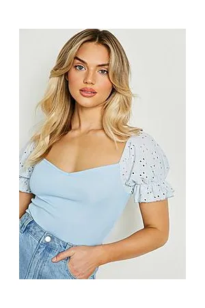 Boohoo Contrast Broderie Puff Sleeve Bodysuit