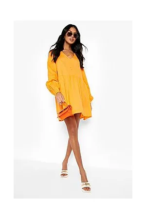 Boohoo Tie Front 3/4 Frill Sleeve Smock Mini Dress