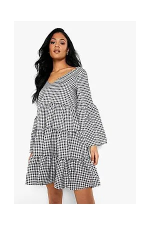 Boohoo Tall Poplin Flare Sleeve Check Smock Dress