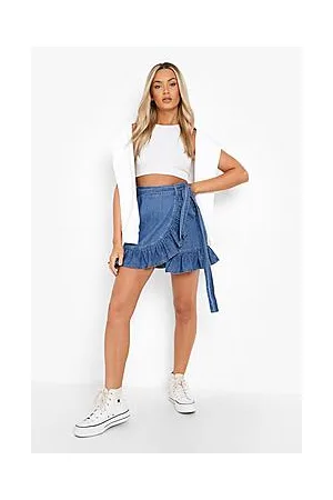 Boohoo Ruffle Wrap Tie Waist Denim Skirt