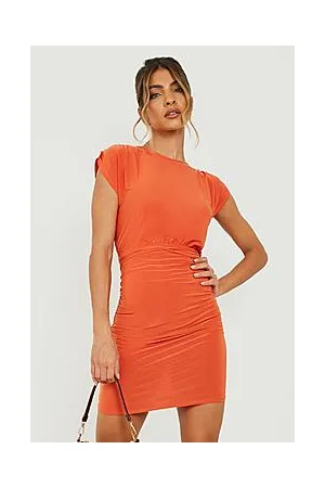 Boohoo Slinky Ruched Shoulder Mini Dress