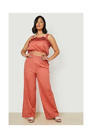 Boohoo Plus Linen Ruffle Wide Leg Trousers Co-Ord