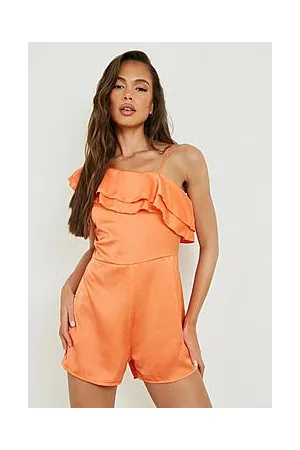 Boohoo Satin Ruffle One Shoulder Playsuit