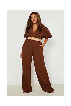 Boohoo Plus Woven Raffia Belted Angel Sleeve Jumpsuit