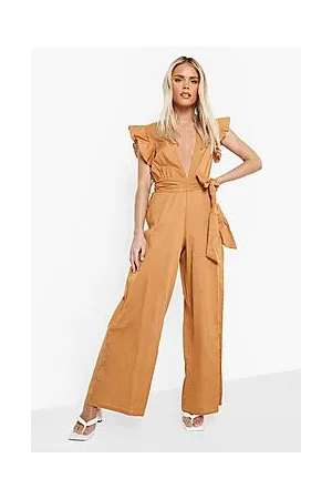 Boohoo Petite Linen Plunge Ruffle Sleeve Jumpsuit