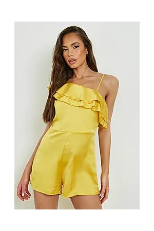 Boohoo Satin Ruffle One Shoulder Playsuit