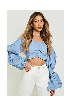 Boohoo Cotton Poplin Volume Sleeve Bardot Crop Top