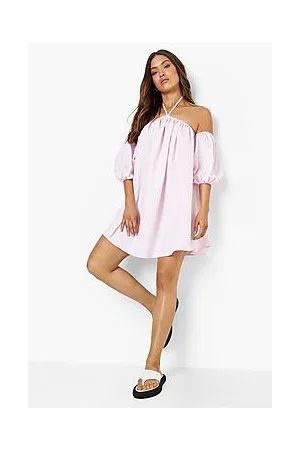 Boohoo Pinstripe Halterneck Puff Sleeve Smock Dress