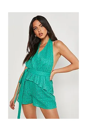 Boohoo Broderie Halter Neck Frill Detail Playsuit