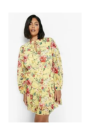 Boohoo Plus Floral Chiffon Tie Neck Skater Dress