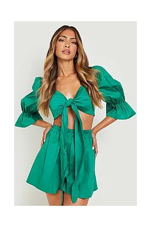 Boohoo Knot Front Volume Sleeve Crop & Shorts