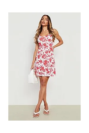 Boohoo Tie Shoulder Smock Dress Porcelain Print