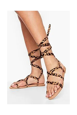 Boohoo Leopard Strappy Toe Loop Wrap Up Sandal