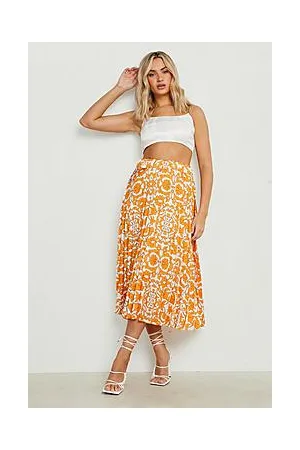 Boohoo Porcelain Print Satin Pleated Midi Skirt