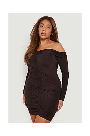 Boohoo Plus Slinky Off The Shoulder Ruched Mini Dress