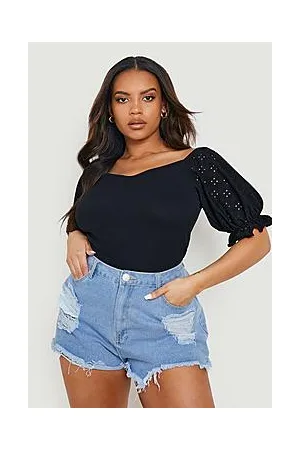 Boohoo Plus Broderie Puff Sleeve Bodysuit