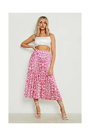 Boohoo Porcelain Print Satin Pleated Midi Skirt