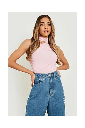Boohoo Ruched One Shoulder Tie Neck Bodysuit