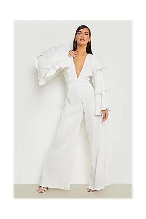 Boohoo Satin Layered Ruffle Sleeve Wide Leg Jumpsuit