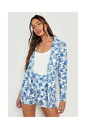 Boohoo Porcelain Print Blazer & Belted Shorts Set