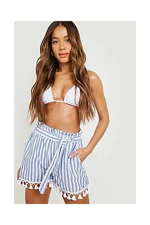 Boohoo Linen Look Stripe Pompom Beach Short