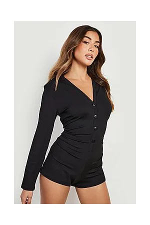 Boohoo Rib Button Up Lounge Romper