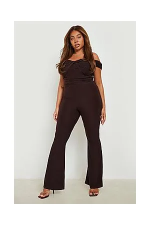 Boohoo Plus Slinky Bardot Ruched Flared Leg Jumpsuit