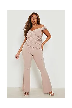 Boohoo Plus Slinky Bardot Ruched Flared Leg Jumpsuit
