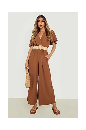 Boohoo Frill Sleeve Raffia Belted Culotte Jumpsuit