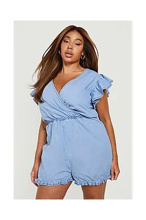 Boohoo Plus Chambray Ruffle Wrap Flippy Playsuit